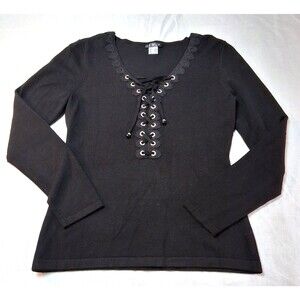Venus Black Lace Up Sweater Rhinestone Grommets Y2K Edgy Long Sleeve Size M